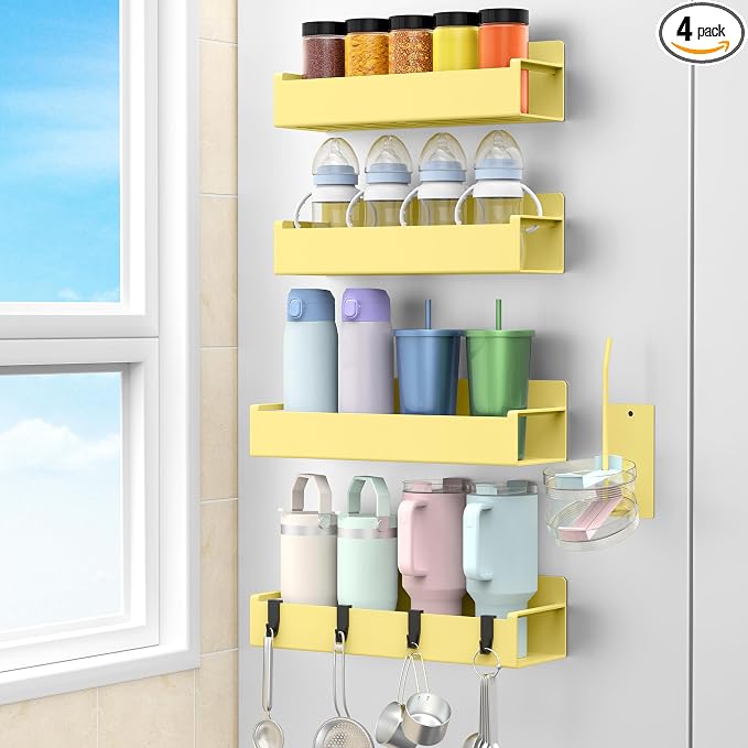 HuggieGems Magnetic Water Bottle Holder for Refrigerator, Cup Holder Organizer for Stanley and Tumbler for Kitchen, 4 Pack, Yellow by HuggieGems