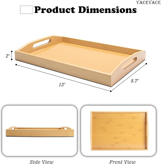 Serving Tray for Ottoman, 13.7"x8.6"x2" Small Bamboo Serving Tray with Handles, Trays for Ottoman, Coffe Table, Dining, Drink, Home Decor