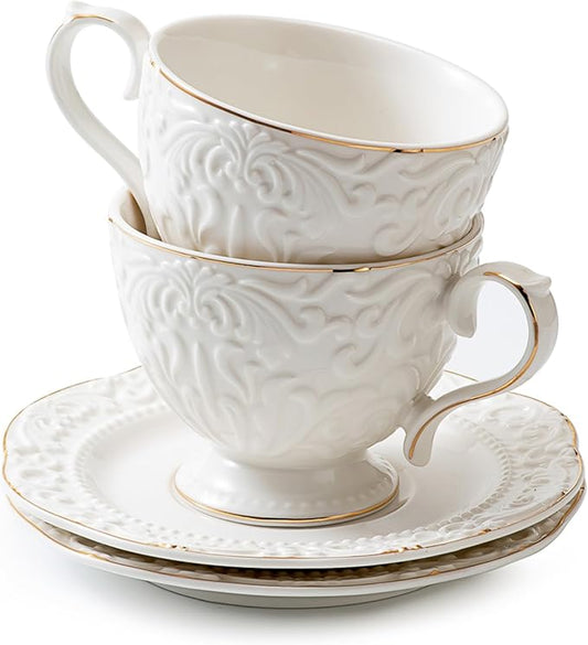 Cups and Saucers Tea Cups Set of 2, Ceramic Coffee Cups with Floral Embossed Design, 200ml (7 oz) Tea Cups and Saucers Porcelain Mugs for Birthday Party Cafe Home Mother's Day Gift