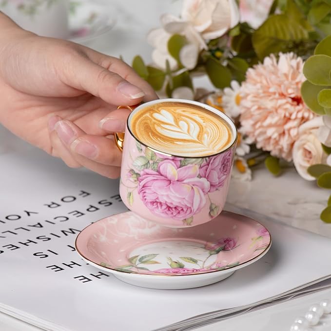 KAMMAK Tea Cups and Saucers Set of 2, Fine Bone China Coffee Cups, Stackable Espresso Mugs, Ceramic Demitasse for Coffee, Cappuccino, Latte, Americano, Tea, White Rose + Beauty Rose