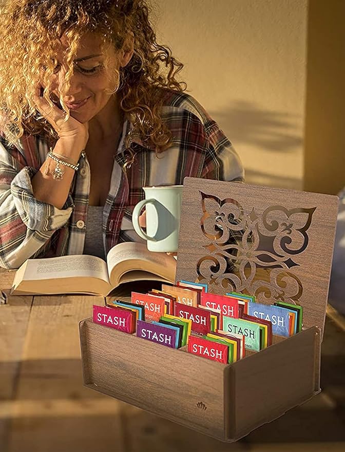 Tea Bags Sampler Gift Box – 80 Count, 28 Flavors – Wooden (MDF) Tea Organizer in Walnut – Variety Pack for Mom, Dad, Friends, Coworkers, Students, Men & Women