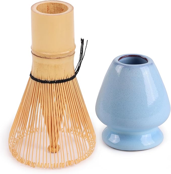 Matcha Tea Bamboo Whisk And Ceramic Rest 2 Piece Set - Shimmering Blue Holder - 1 Set
