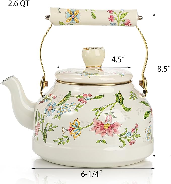 Jucoan 2.6 Quart Vintage Enamel Tea Kettle, Green Floral Stovetop Water Kettle Teapot with Porcelain Handle for Home Kitchen Camping Tea Party, Gift for Bridal Shower Wedding Housewarming