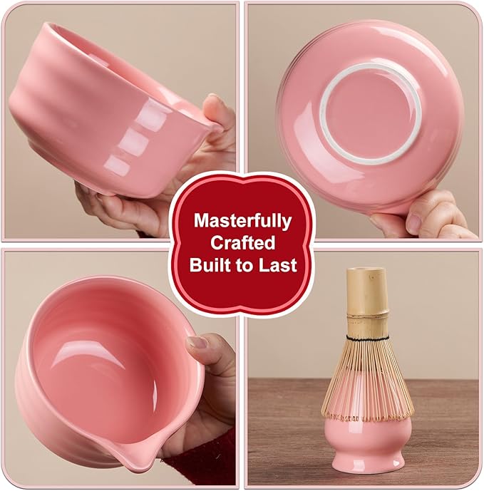 YOLIFE 7 Pcs Matcha Whisk Set, Includes Matcha Bowl with Spout, Bamboo Whisk (Chasen) with Ceramic Holder, Scoop and Powder Spoon, Sifter, Matcha Kit for Ceremony (Pink)