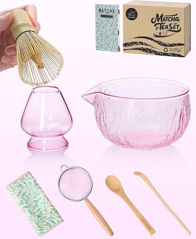 Matcha Whisk Set, 7 Pcs, Matcha Kit Includes Matcha Bowl, Matcha Whisk and Holder, Bamboo Scoop, Spoon, Sifter and Tea Towel, Matcha Set, Gift for Matcha Lovers & Beginners (Glass Pink)