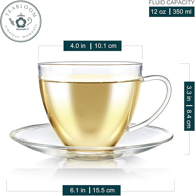 Teabloom Royal Teacup and Saucer Set 4-Pack – Large Size – 12 OZ/ 350 ML Capacity – Crystal Clear Classic Design – Glass Mug Set – Premium, Healthful Borosilicate Glass – Odor and Stain-Free