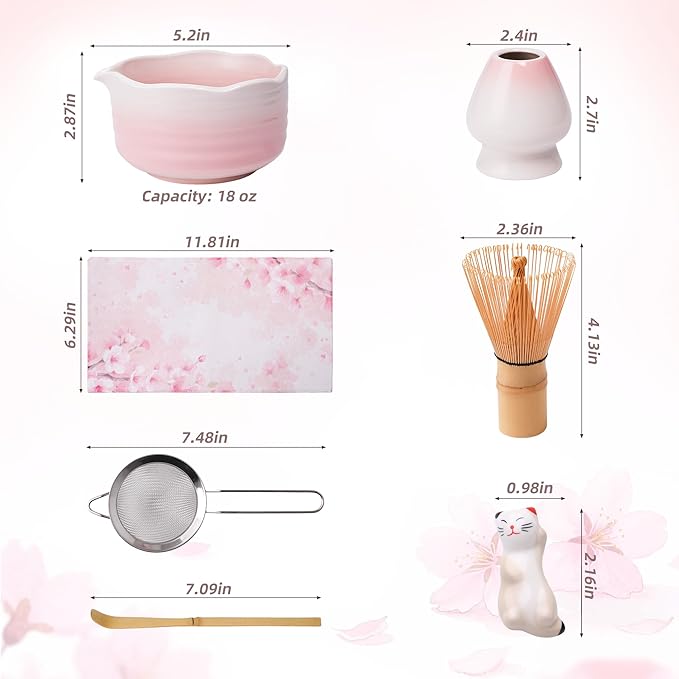 7-Piece Pink Matcha Set, 18oz Gradient Pink Sakura Matcha Bowl with Spout, Bamboo Whisk and Holder, Matcha Kit, Cute Macha Gift Set for Women & Matcha Lovers Starters, Mother's Day Gift
