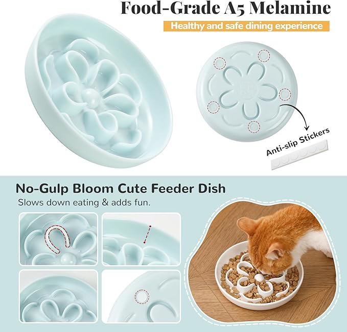 Slow Feeder Cat Bowl Combo - Melamine Maze Dish in 2 Styles (Single Bowl & with Bamboo Stand) - Whisker Friendly, Elevated & Shallow Design - White