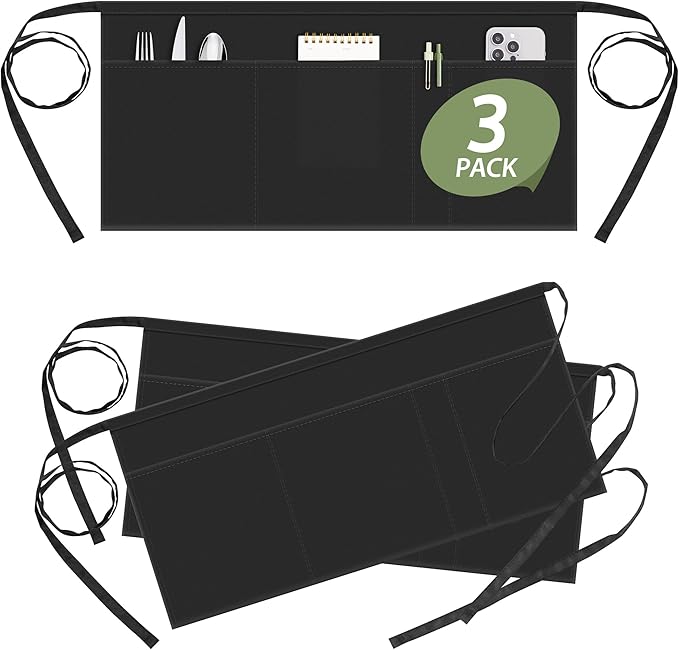 Syntus Server Apron for Men Women, Waitress Waist Apron, Black 1/3/12 Packs