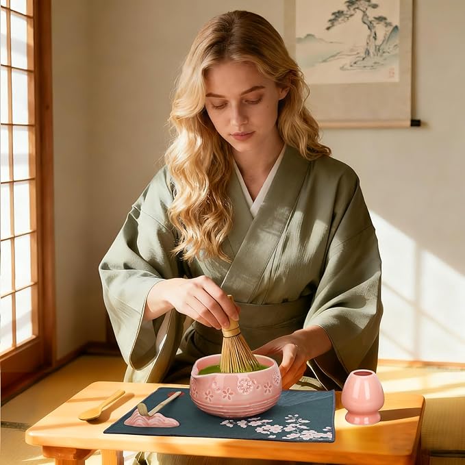 Matcha Whisk Set, Ceramic Bowl with Spout, Bamboo Matcha Whisk & Spoon, Chasen Holder, Scoop Rest, Sifter, 8-Pcs Japanese Ceremony Matcha Powder Kit–Valentine's Day Gift for Women-Pink