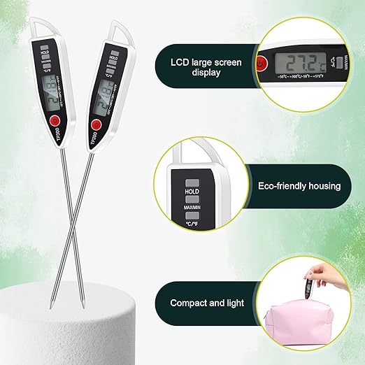 3 Set Waterproof Food Thermometer for Water, Liquid, Candle and Cooking Digital Meat Thermometer with Long Probe Instant Read for Kitchen BBQ Grill Candy (White)