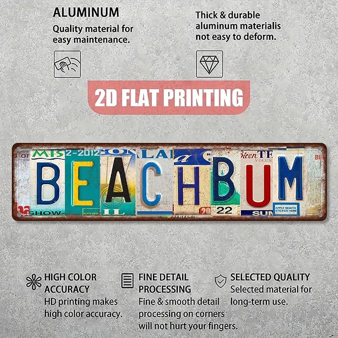 Vintage License Plate BEACH BUM Sign – 16x4 Inch Rustic Tin Wall Décor for Beach House, Coastal Cottage, Patio, Poolside or Tropical Bar - Image 3