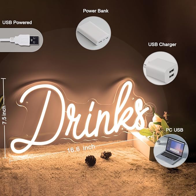 Britrio Warm White Drinks Neon Sign for Home Bar Kitchen Dinning Room Letter Light Birthday Party Bedroom Restaurant Cafe Man Cave Wall Art Decoration 5V USB Powered