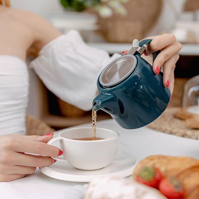 ORNA Ceramic Teapot with Tea Infuser – Small Tea Pot for Loose Leaf Tea – 550ml / 18.6 Oz Porcelain Non-Stove Teapot for 2 Cups with Tea Strainer (Ocean)