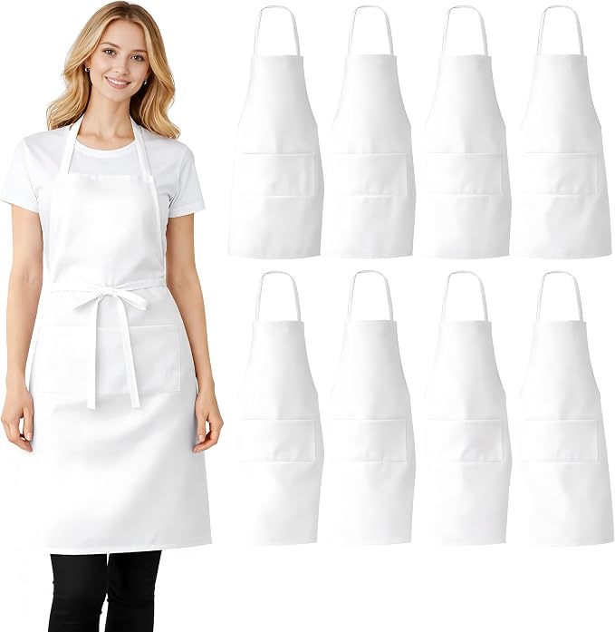 8 Pack Aprons Bulk with Pockets, Unisex Apron with Extra Long Ties for Chef, Cooking Classes, Painting, BBQ by NYMMOATA