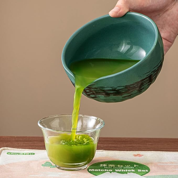 Clay&Fire Matcha Whisk Set，9 Pcs Ceramic Matcha Set, 15 OZ Matcha Bowl with Spout and Whisk，Matcha Kit for Friend, Ideal Gift for Matcha Lover（Dark Green）