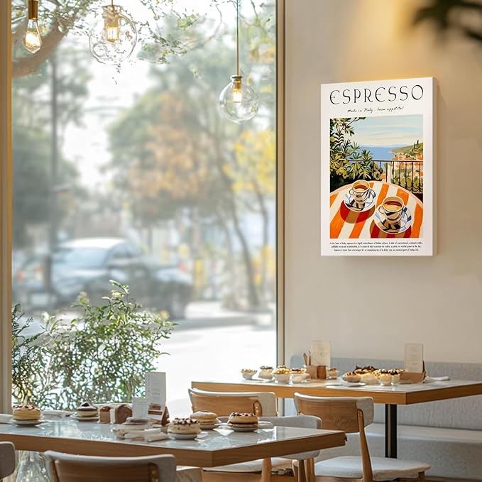 Vintage Espresso Kitchen Wall Art – Retro Italy Coffee Sign Canvas Prints – Framed Cozy Coffee Bar Wall Decor for Dining Room Kitchen Home Decoration – 12x16in