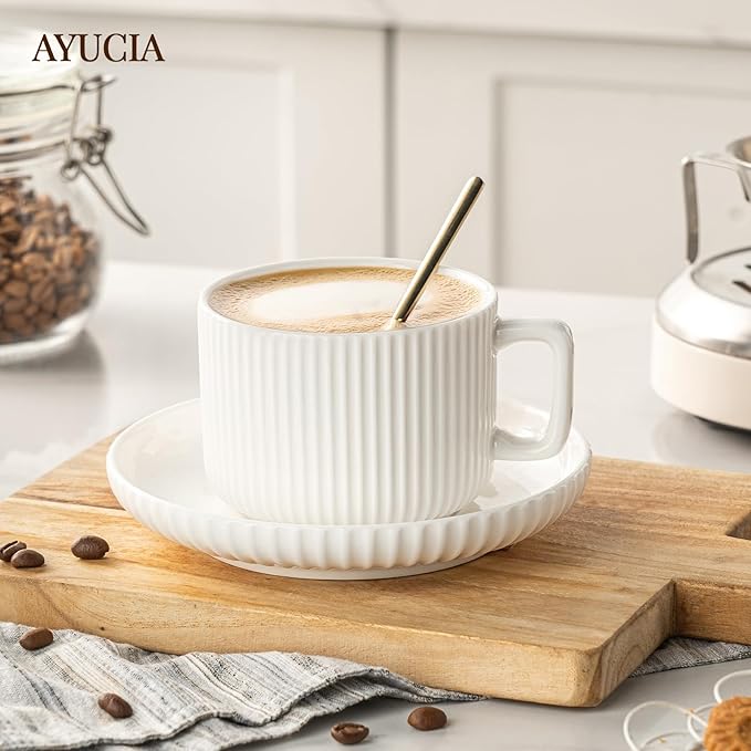 8 Ounce Cappuccino Cups Set of 4, Latte Mugs with Saucers and Spoons, White Cream Ceramic Coffee Mugs Tea Cups for Cappuccino Latte Mocha Au Lait Macchiato Cafe