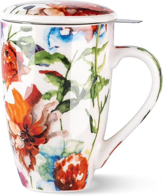 GBhome Tea Mug with Infuser and Lid, 18 Ounce Large Ceramic Loose Leaf Cup, Microwave, Dishwasher Safe, Perfect for Tea Lovers