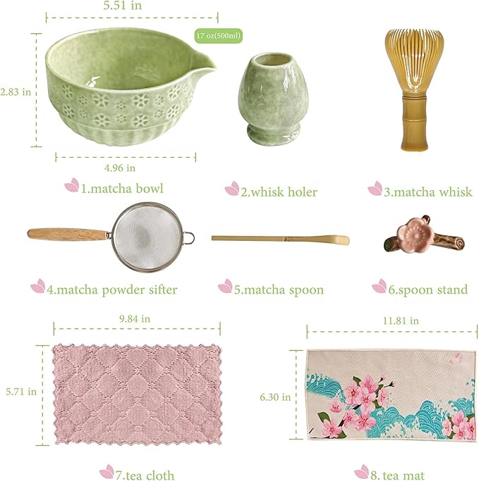 HAVIREST 8 pcs Matcha Whisk Set, Ceramic Bowl and Whisk Stand Spoon Holder Sifter Mat Towel, Japanese Ceremonial Grade Macha Tea Tools Kit, Gift for Women Match Starter Lover (Green)