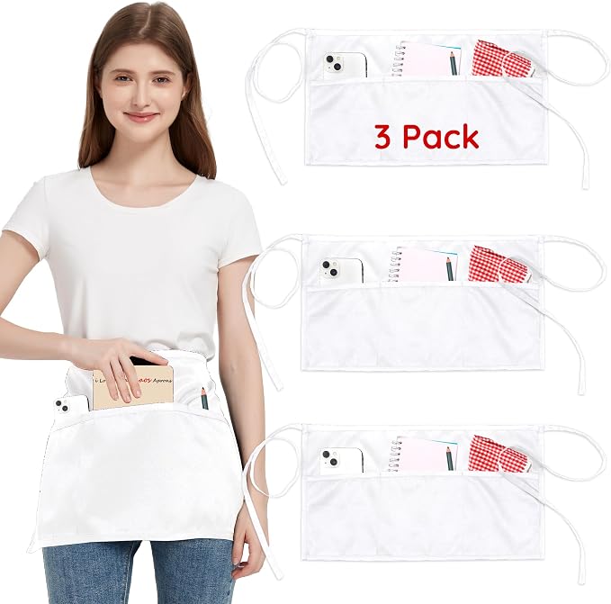 3 Pack Waist Apron with 3 Pockets, Unisex Black Waiter Aprons, Water Resistant Server Aprons for Restaurant Chef Bar by FunChaos