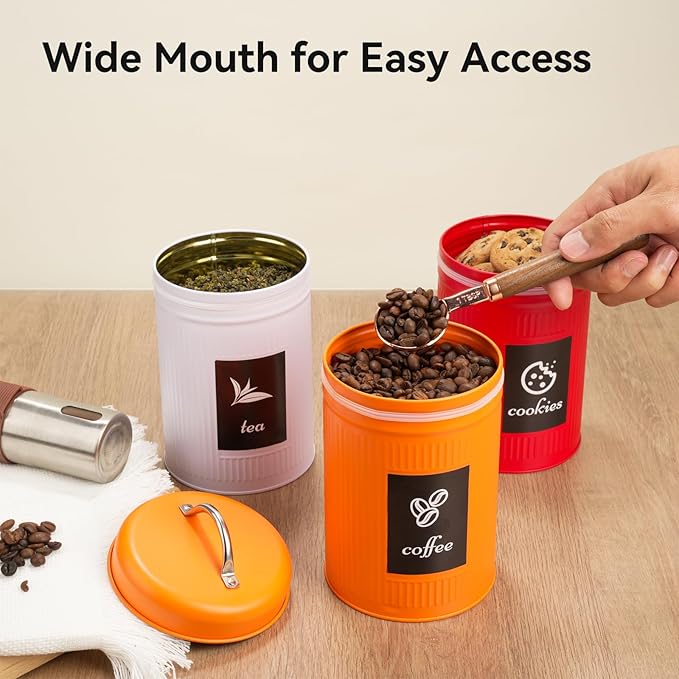 Farmhouse Coffee Canister Storage Container, 42 Oz Vintage Coffee Bean Airtight Jar with Lid, Food Tins with 12 Label Stickers, Kitchen Counter Pantry Organization for Candy Sugar Cookie Tea (Orange)