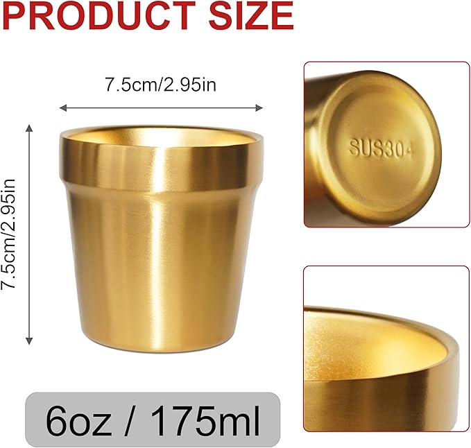 Youda 4-Pack 6oz Double Wall Insulated Stainless Steel Cups - Stackable Travel Coffee/Tea/Cold Drink Cups, Camping & Outdoors - BPA-Free 304 Stainless Steel (Gold)