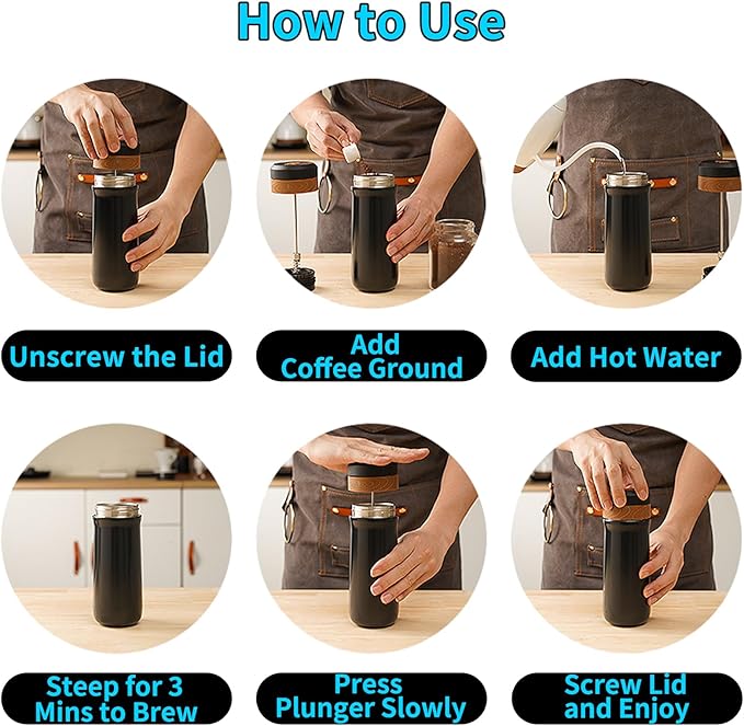 French Press Coffee Maker, 320ML, Stainless Steel, Portable, Hot & Cold Brew, Vacuum Insulated Travel Mug