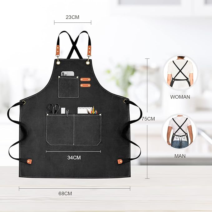 OUNLEN Chef Apron for Men Women Canvas Aprons with 3 Pockets Cross Back Resistant Work Apron for Cooking