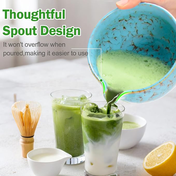 MONOJOY Matcha Bowl and Whisk Set, BPA-Free – Multi-Layer Ice-Crackle Ceramic Chawan with Spout, Bamboo Chasen, Holder, Scoop & Sifter | Japanese Ceremonial Matcha Tea Kit for Lattes & Beginners