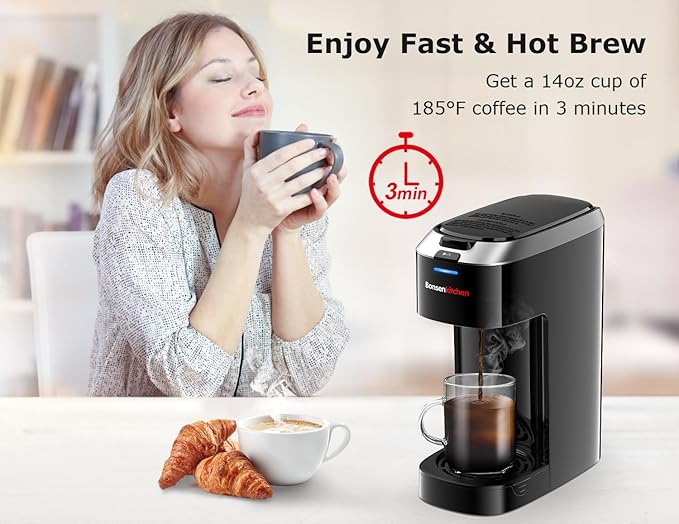 Bonsenkitchen Single Serve Coffee Maker K Cup Pod with 6-14oz Brew Size- 3 Min Fast Brewing Machine with Strength Control, BPA-free Materials, Fits 6.6" Travel Mugs, Silver, Upgrade