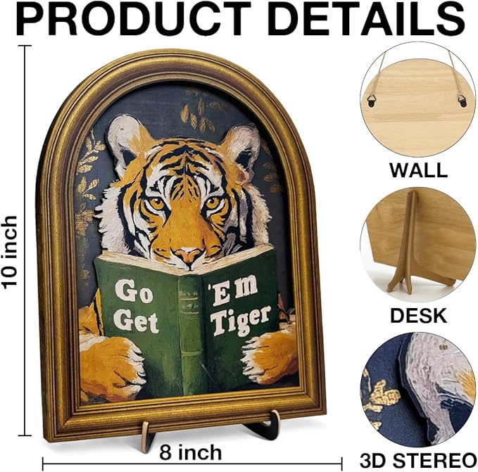 3D Motivational Tiger Table Decor Sign, Vintage Go Get Em Tiger Wall Art Sign for Home Living Room Office Desk Wall Shelf Decor 8x10 Inch