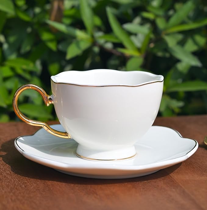 British Coffee Cup 3 Piece Set（6.8oz） Household Fashional Tea Cup with Saucer Spoon (white-A)