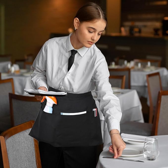 mwellewm 15 Packs Server Apron with 3 Pockets, Black Serving Half Waitress Apron for Women and Men, Widened and Extended Waist Strap Reinforced Seams Water and Stain Resistant for Book Phone - Image 5