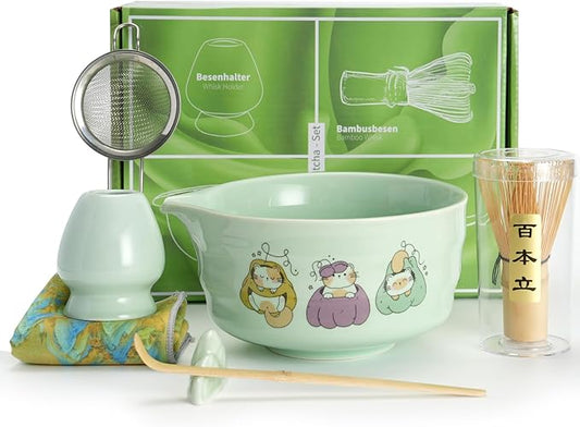Matcha Whisk Tea Set Kit Japanese Matcha Kit - Matcha Bowl, Matcha Whisk and Holder, Bamboo Scoop, Scoop Rest, Sifter and Tea Towel - for Tea Ceremony Breakfast Lattes - Home Kitchen Christmas(Green)