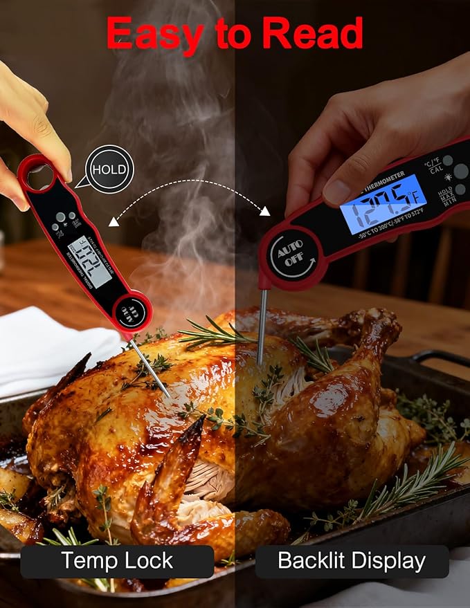 Meat Thermometer Digital, Instant Read Food Thermometer for Cooking Grill BBQ Fryer, Waterproof & Backlit Display Digital Meat Thermometer - Kitchen Gadgets, Turkey Thermometer