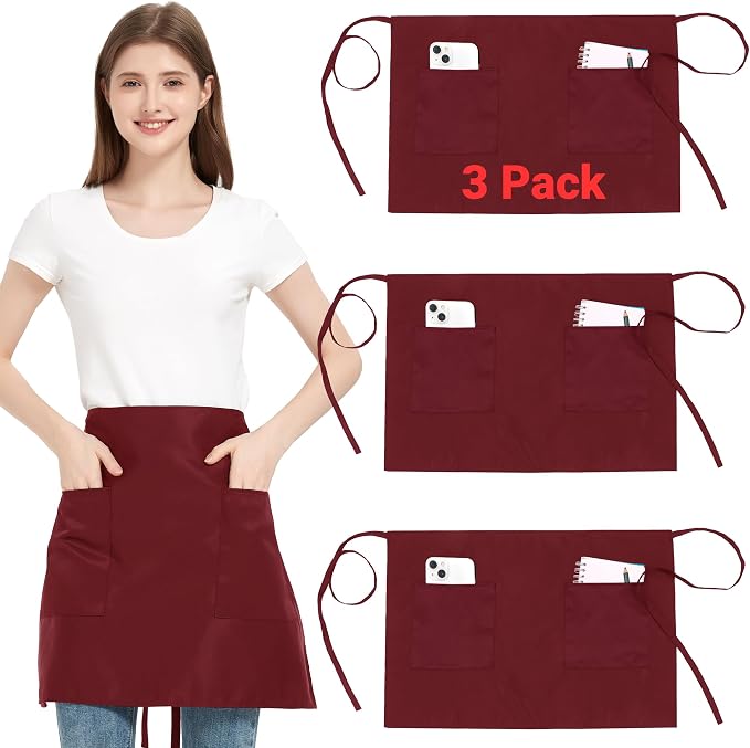 3 Pack Waist Apron with 3 Pockets, Unisex Black Waiter Aprons, Water Resistant Server Aprons for Restaurant Chef Bar by FunChaos