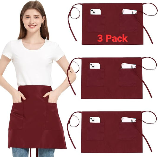 3 Pack Waist Apron with 3 Pockets, Unisex Black Waiter Aprons, Water Resistant Server Aprons for Restaurant Chef Bar by FunChaos