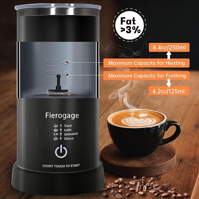 Touch Button Milk Frother and Steamer,Fierogage Electric 4 in 1 Automatic Hot and Cold Foam Maker and Milk Warmer for Latte,Cappuccinos,Macchiato,8.4oz/250ml Black