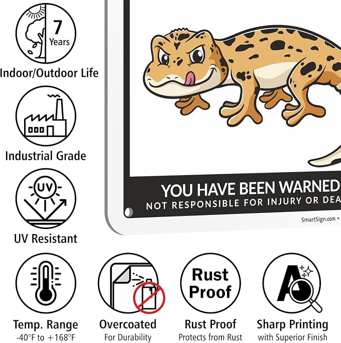 SmartSign Funny Beware Of Leopard Geckos Warning Sign - 10"x7", 40 mil Laminated Rust-free Aluminum - Metal Signs for Wall Decor, Bathroom, Outdoors, Patio, Gifts, Cafe - Geckos Theme, Made in USA - Image 7