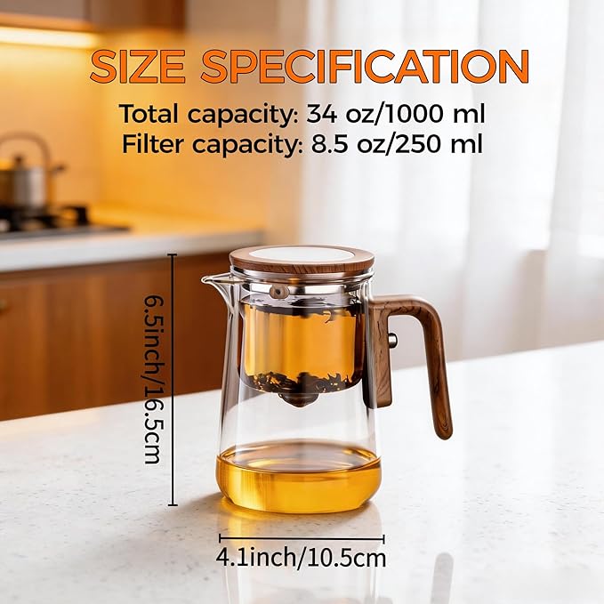 Enchanted Tea Pot, Magic Tea Pot for Loose Leaf Tea Steeper, Heat Resistant Borosilicate Glass Teapot with Tea Infuser, Ideal Gift for Tea Lovers - 34 oz (1000 ml)
