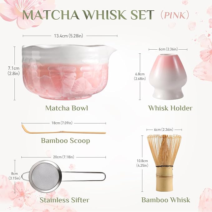 Birthday Gifts for Women: Matcha Whisk Set with Ceramic Matcha Bowl - Bamboo Matcha Whisk & Holder,Bamboo Scoop,Sifter - Complete Matcha Kit 5 Pcs - Gift for Matcha Lovers