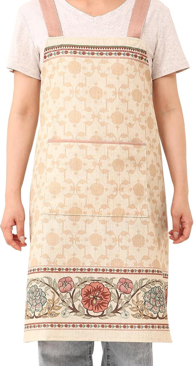 patdrea Blue Floral Linen Apron with Pocket,French Kitchen Garden Chef BBQ Aprons for Women and Men,Crisscross Back Straps - Image 2