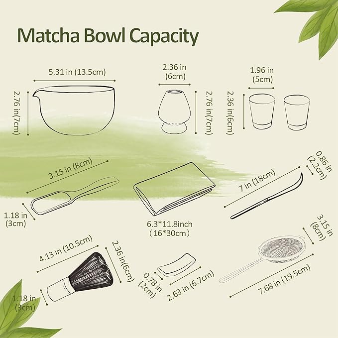 10 Pcs Matcha Whisk Set, 500 ml/18 oz Glass Matcha Bowl and Whisk Holder & Measuring Cup, Bamboo Matcha Scoop & Stainless Sifter, Japanese Ceremonial Matcha Tea Making Tools Kit