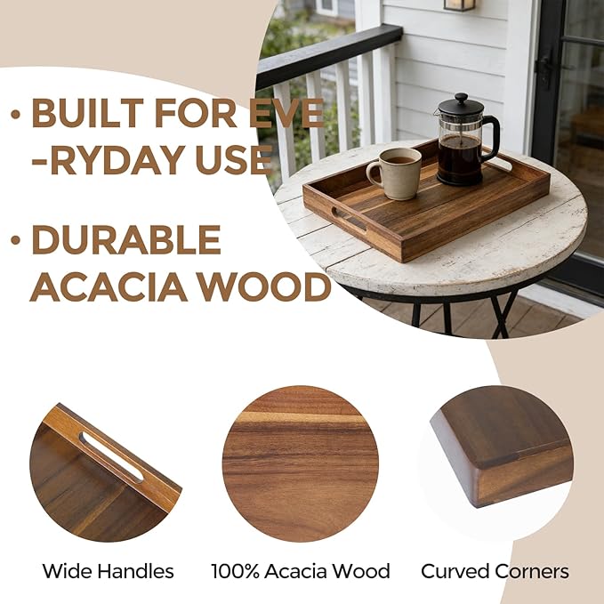 Acacia Wood Serving Tray with Handles, 17 Inch Wooden Tray for Ottoman, Breakfast, Lunch, Dinner, Decorative Rectangular Tray for Living Room, Kitchen Counter, Outdoor