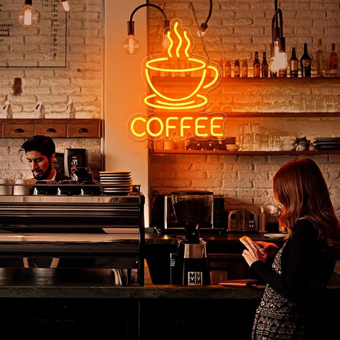 Basaneon Coffee Neon Sign for Wall Decor Dimmable Modern Led Sign for Cafe Shop, USB Powered Coffee Cup Neon Signs Light Up for Cafe Station Accessories Art Decor Party Decorations(15.7 * 12.8inches)