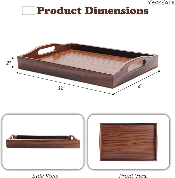 Small Serving Tray with Handles, 12"x8"x2" Wooden Tray for Kitchen Counter, Small Wood Tray for for Home Decor, Bathroom, Dining, Party