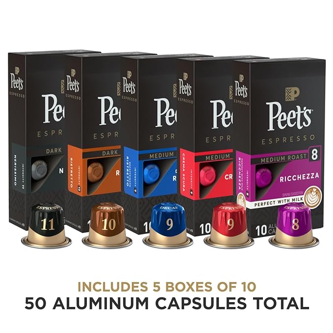 Peet's Coffee, Dark and Medium Roast Espresso Capsules Variety Pack with Decaf, Compatible with Nespresso Original Machine - Intensity 8-11, 50 Count (5 Boxes of 10 Espresso Capsules) (Pack of 2)