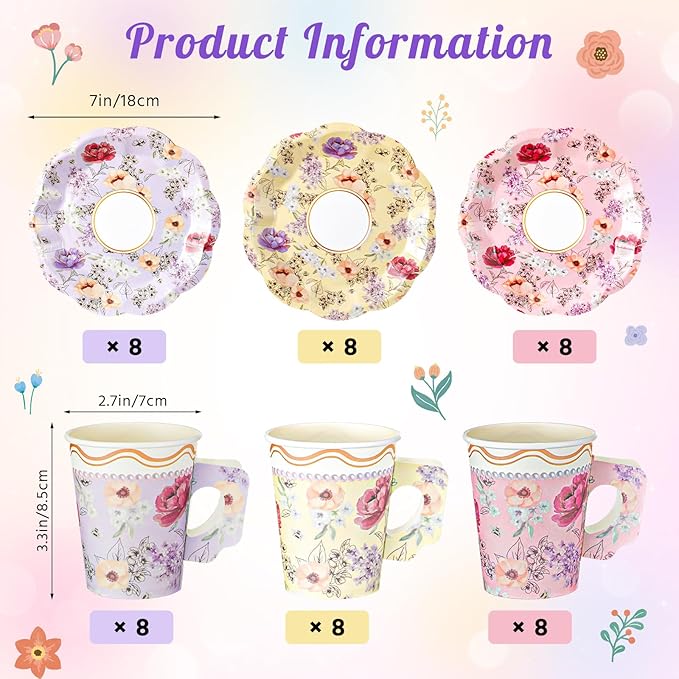24 Sets Floral Paper Tea Cups and Saucers 8.5 oz Vintage Floral Afternoon Disposable Cups with Handles and Plates Tea Party Decorations for Wedding Garden Mother's Day Hot Cold Drink Birthday