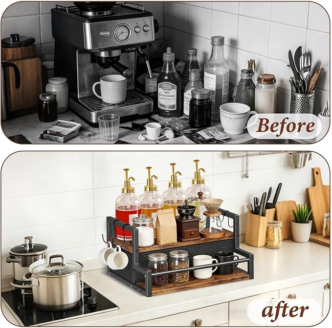 2-Tier Coffee Syrup Organizer Rack, Holds 12 Bottles Syrup Rack with Coffee Capsules Storage Drawer, Kitchen Countertop Organizer for Coffee Bar Station, Home, Wine Rack